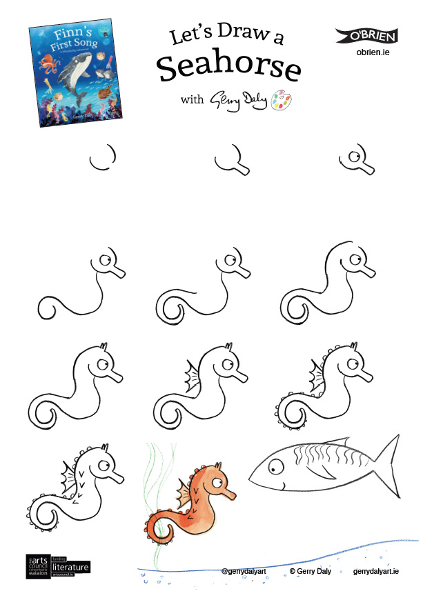 Finn's First Song let's draw step by step PDF of a seahorse