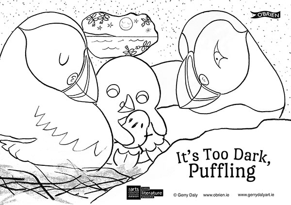 Its Too Dark Puffling colour in PDF of little puffling in the burrow with his puffin parents