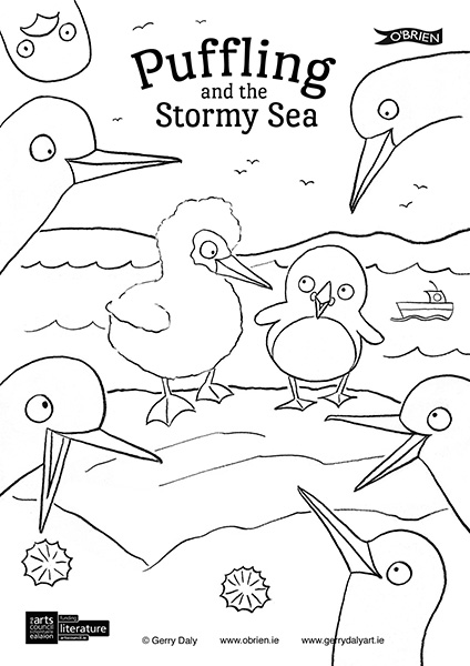 Puffling and the Stormy Sea colour in PDF of Puffling with a gannet chick and gannets
