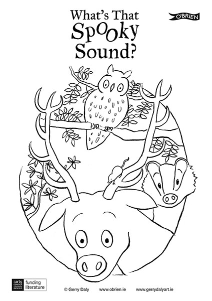 What's That Spooky Sound? colour in PDF of the red deer the owl the pygmy shrew and the badger all looking spooked