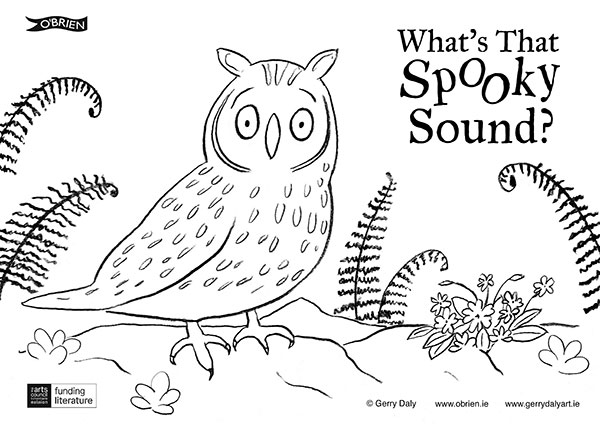 What's That Spooky Sound? colour in PDF of the owl looking spooked on the rocks