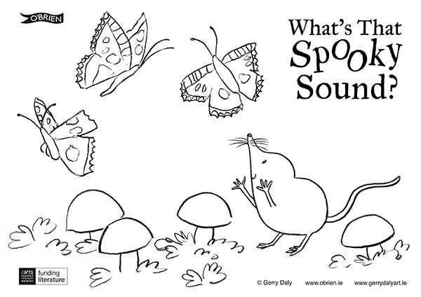 What's That Spooky Sound? colour in PDF of the pygmy shrew looking at the flying butterflies