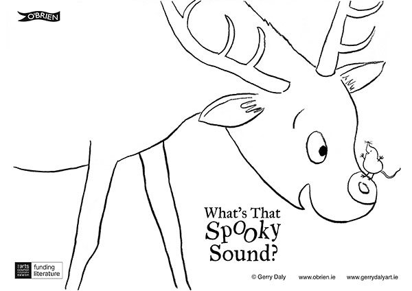 What's That Spooky Sound? colour in PDF of the big red deer with the tiny pygmy shrew