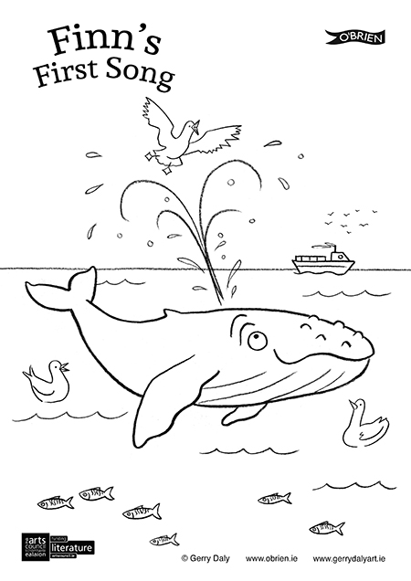 Finn's First Song colouring in PDF of Finn spraying on a seagull