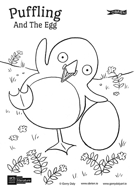 Puffling And The Egg colouring in PDF of Puffling standing with the egg