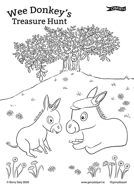 Wee Donkey's Treasure Hunt colouring in PDF of Wee Donkey and grandad