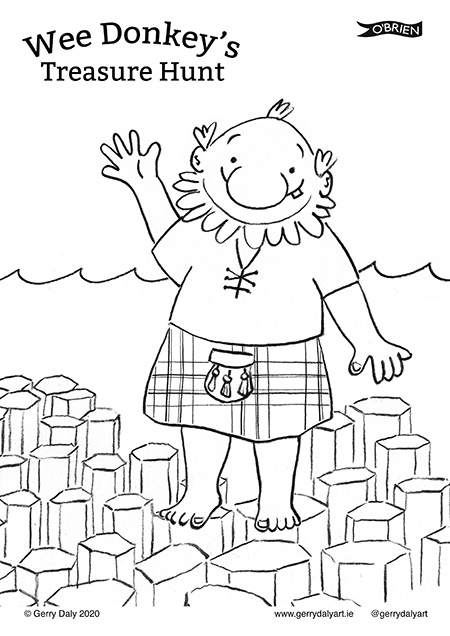 Wee Donkey's Treasure Hunt colouring in PDF of the Giant waving