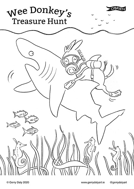 Wee Donkey's Treasure Hunt colouring in PDF of Wee Donkey catching a Basking Shark