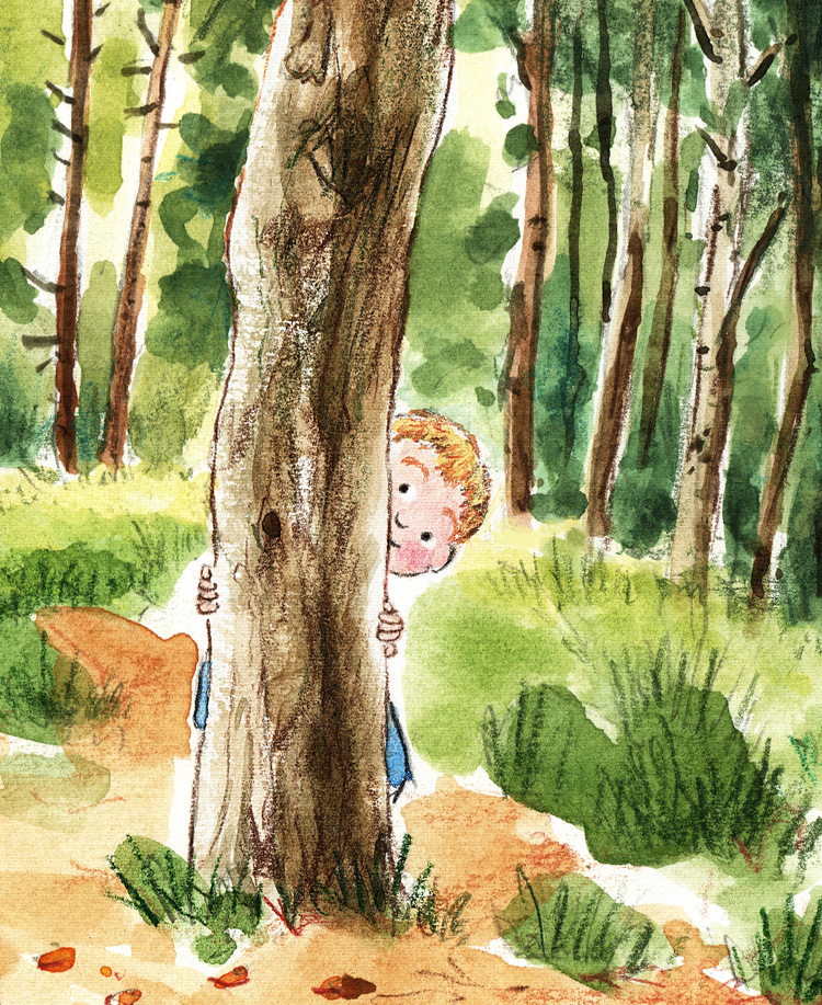 A boy hides behind a tree in the autumn woods watching a red squirrel come down a big tree trunk
