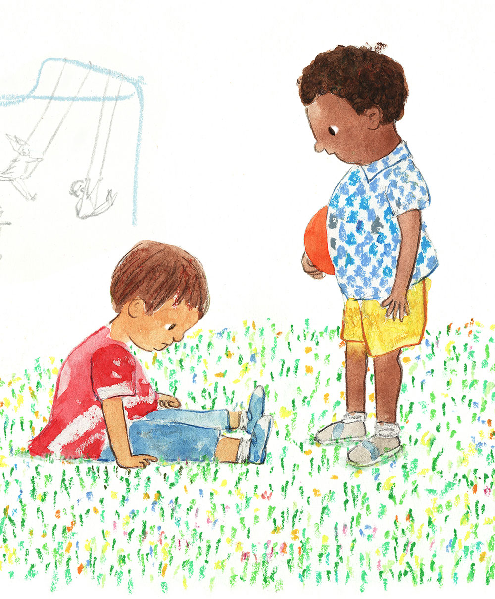 A boy is worried about his upset friend sitting on the grass