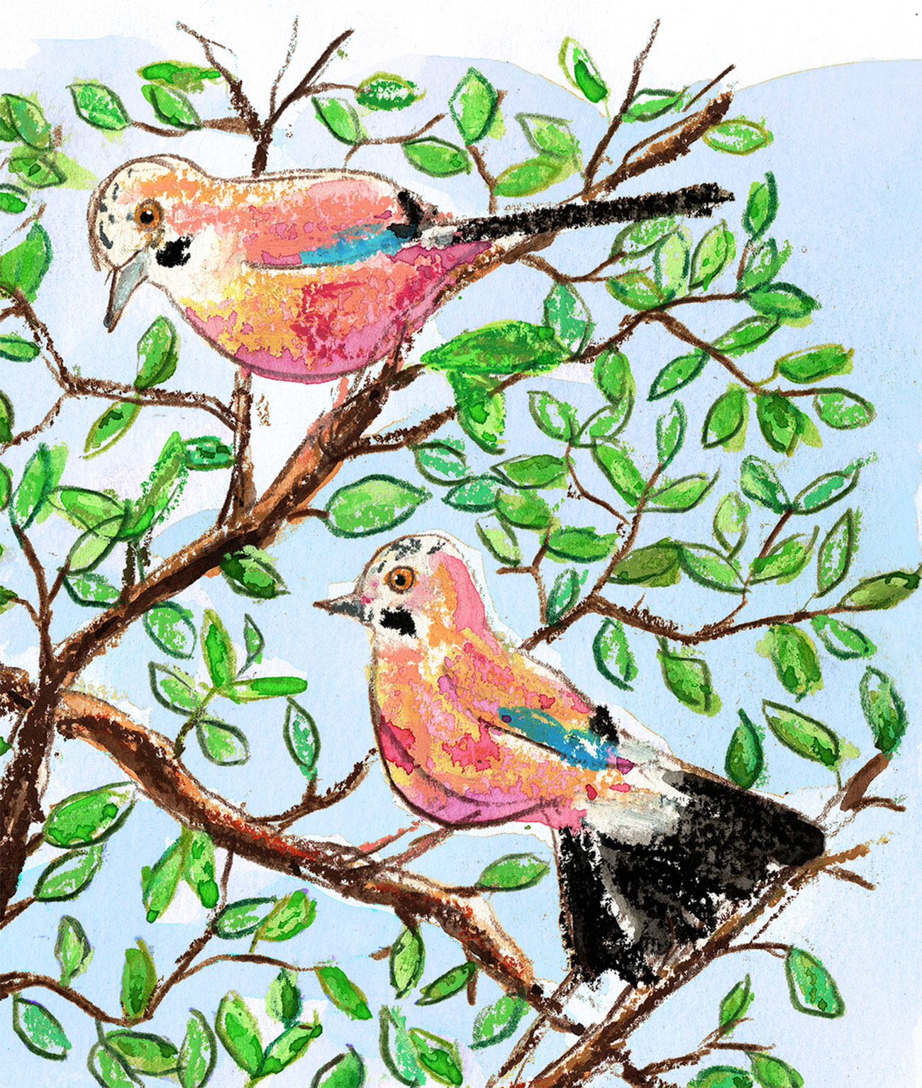 a tree with five Jay birds and one singing blackbird in the middle