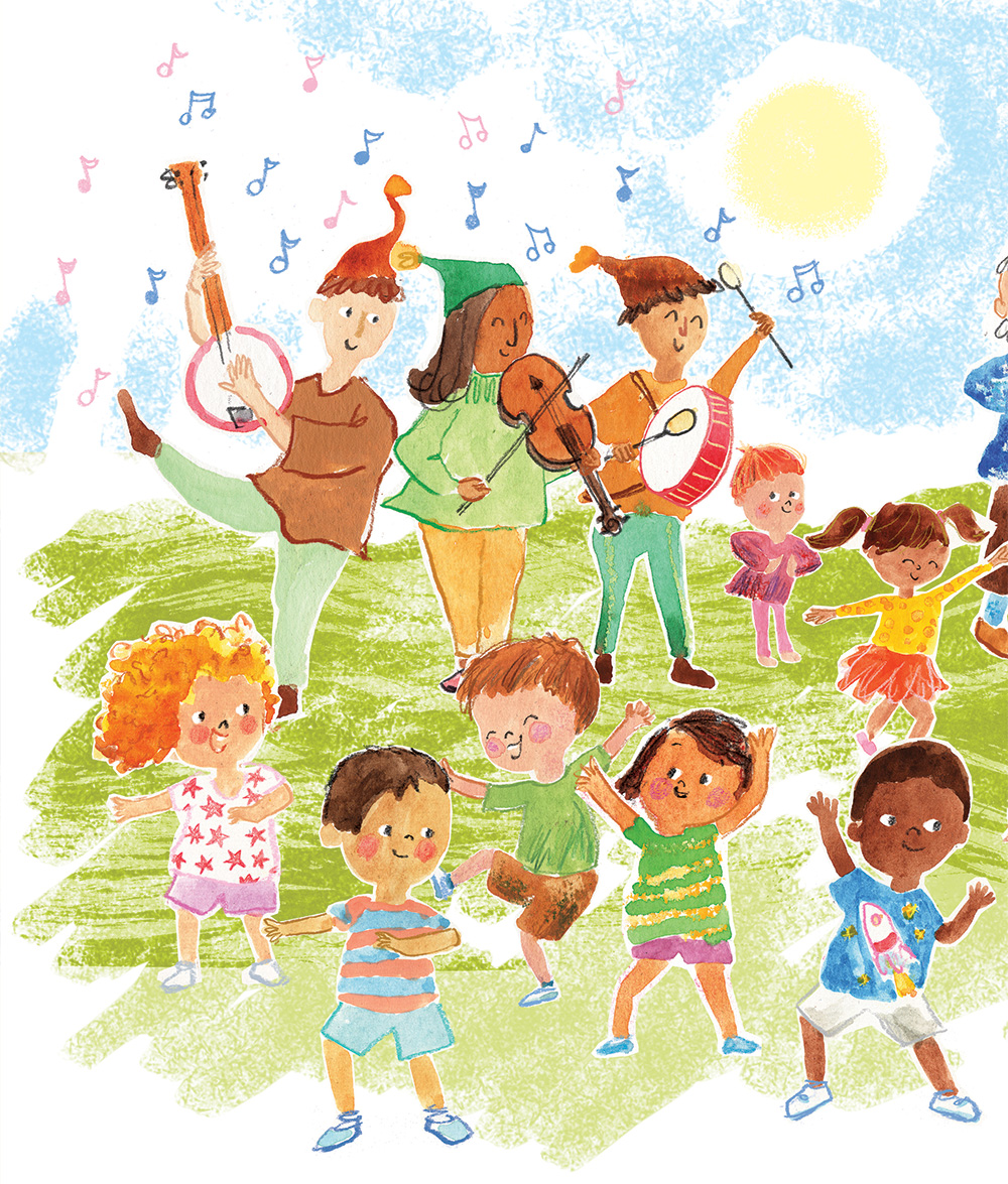 Children dance to music played by musicians and their grown ups clap along