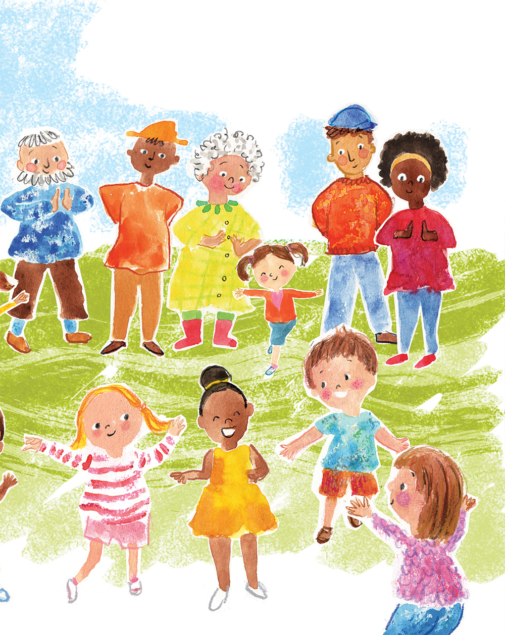 Children dance to music played by musicians and their grown ups clap along