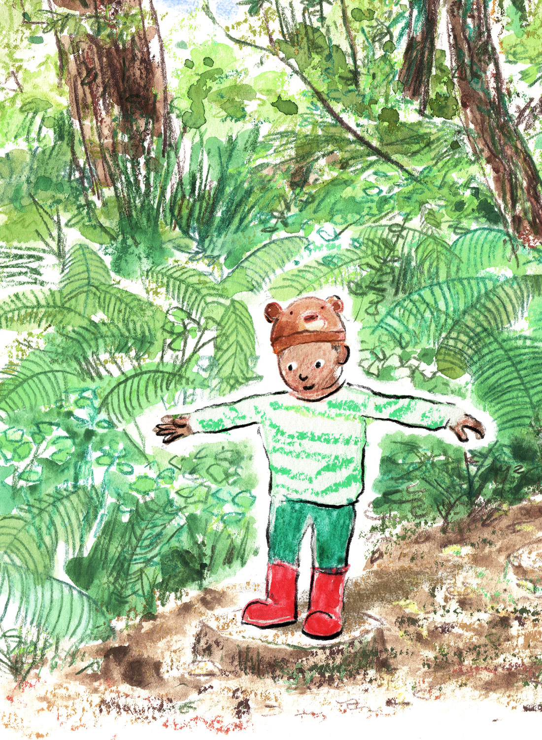 Three boys are running through autumn leaves in the park and kicking them in the air