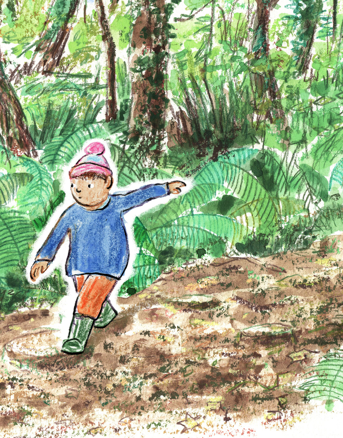 Three boys are running through autumn leaves in the park and kicking them in the air