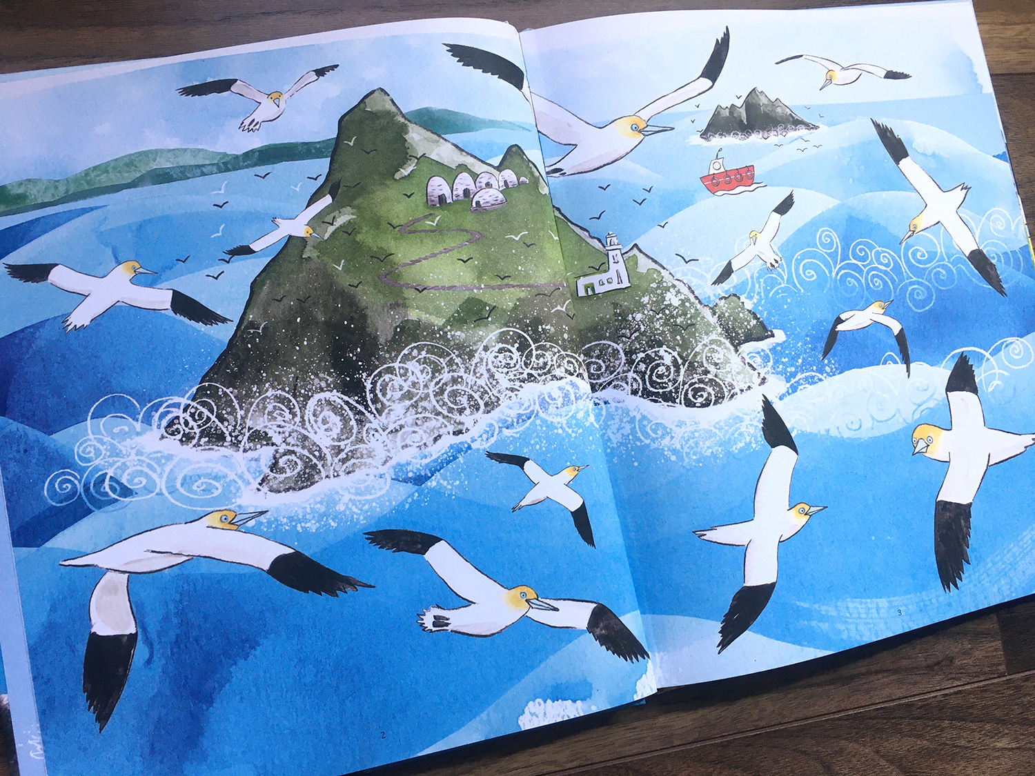 Where Are You Puffling? spread of the Skellig islands and many flying gannets