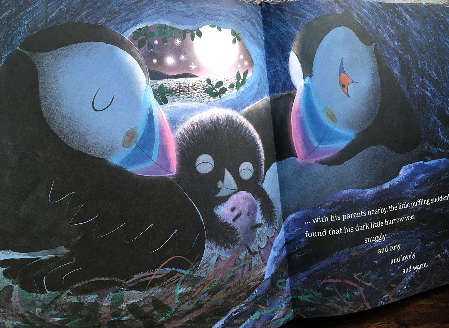 It's Too Dark, Puffling scene where the little puffling is in his snuggly burrow with his parents
