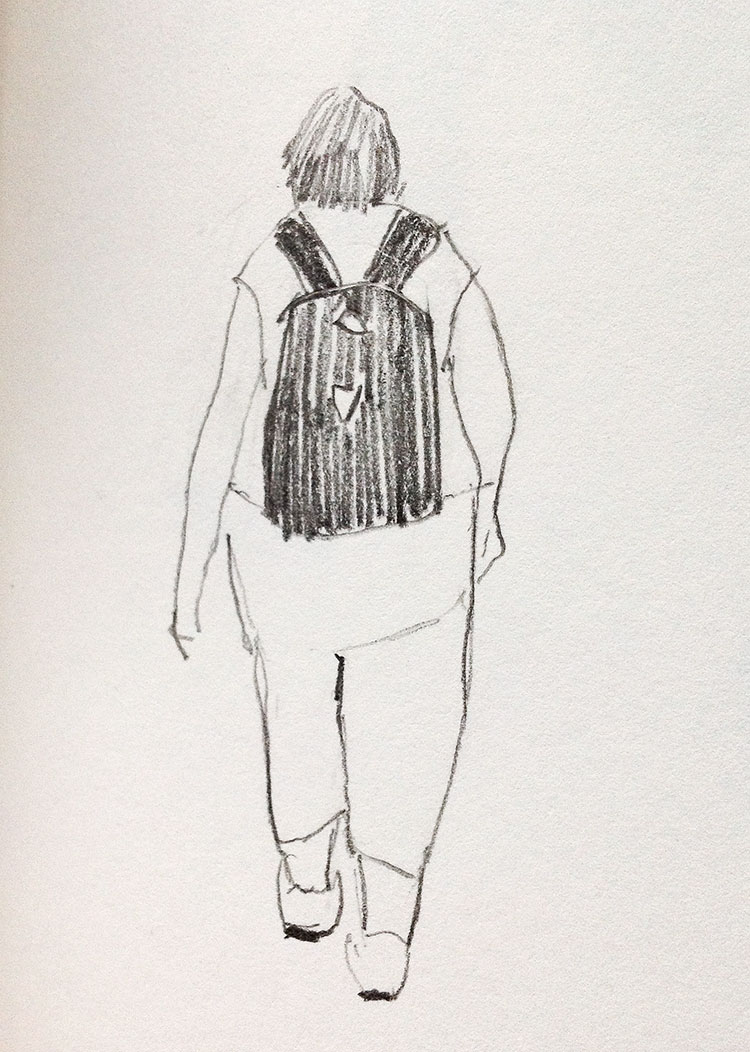 sketch of a woman with a backpack