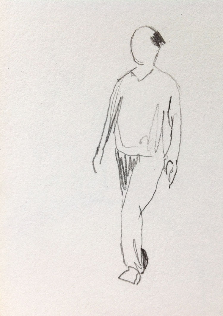 sketch of bald man walking