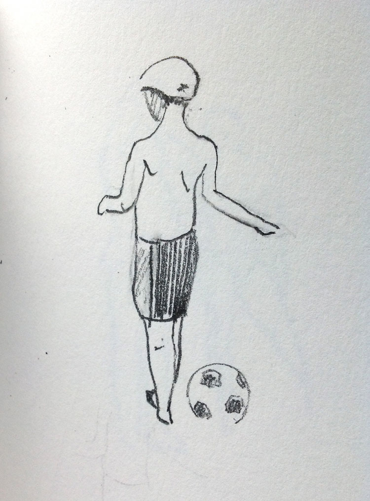 sketch of boy and ball on the beach