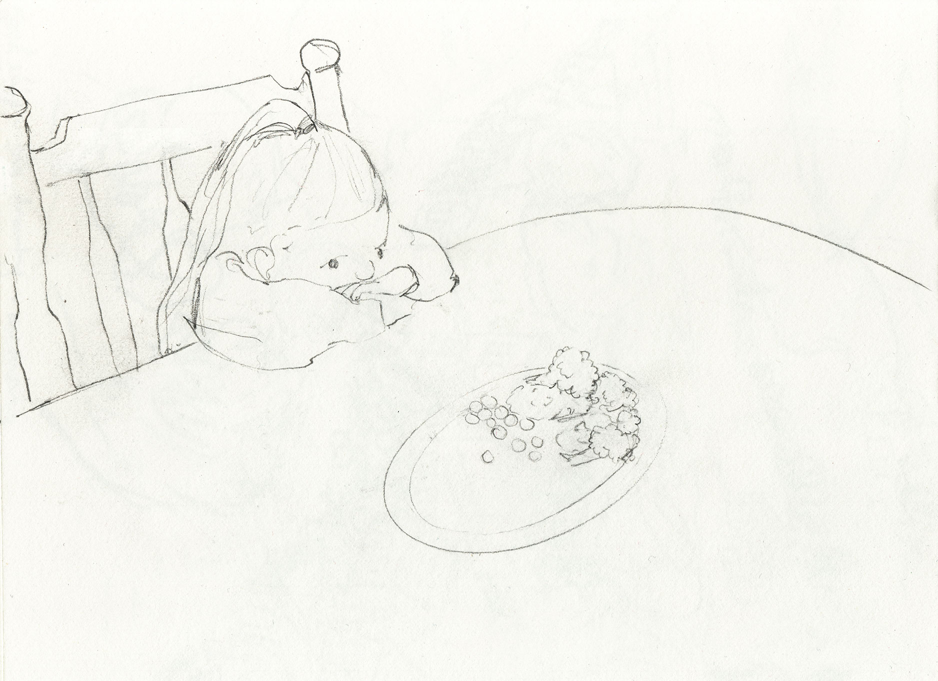 sketch of a girl at the dinner table who doesn't want her greens