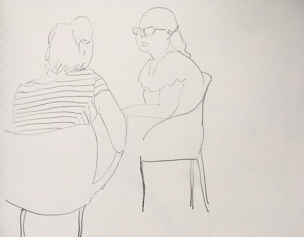 sketch of 2 girls sitting and talking
