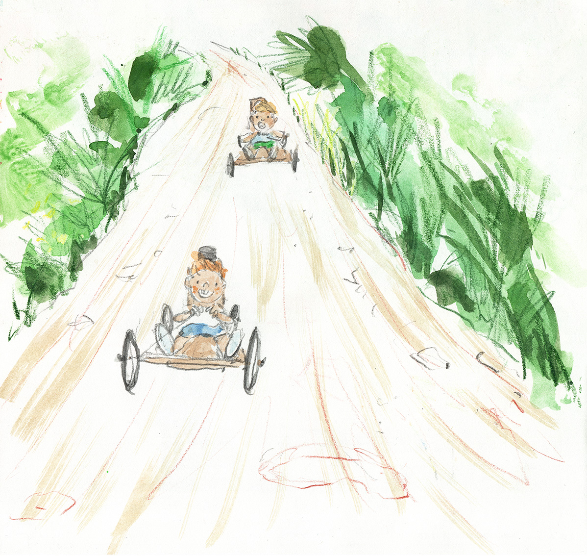 sketch of two boys go-carting at speed down a hill