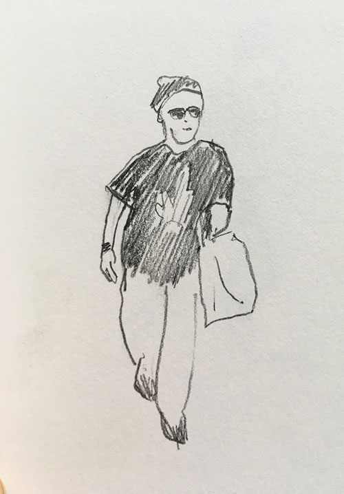 sketch of man wearing sunglasses shopping
