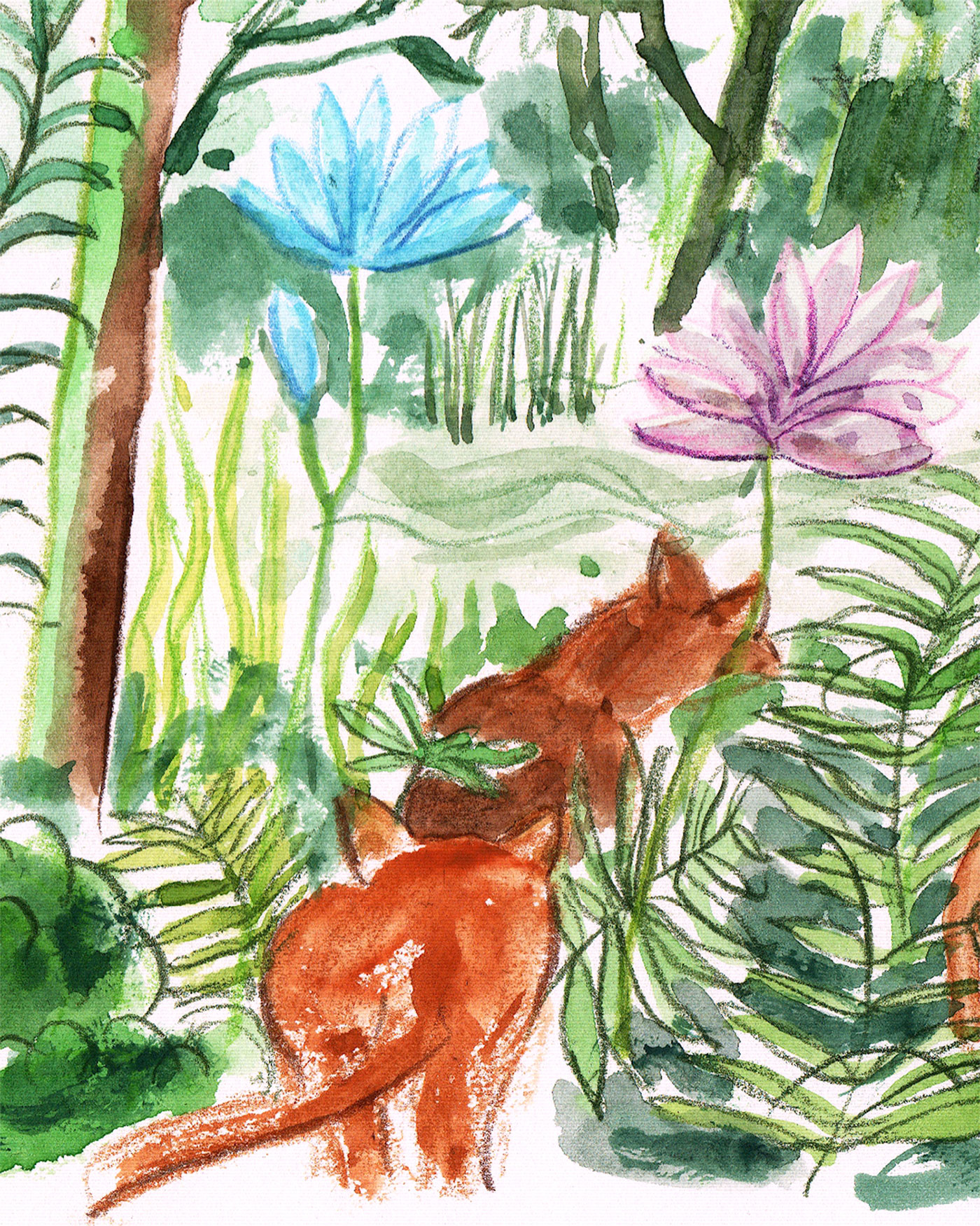 sketch of a woman on a sofa in the jungle beside a flowing river with two lions walking by