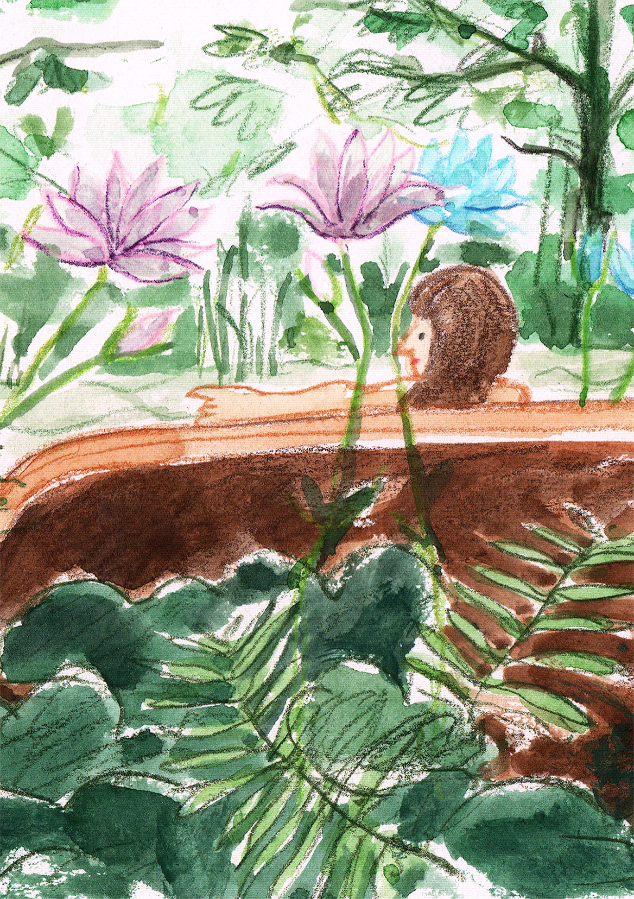 sketch of a woman on a sofa in the jungle beside a flowing river with two lions walking by