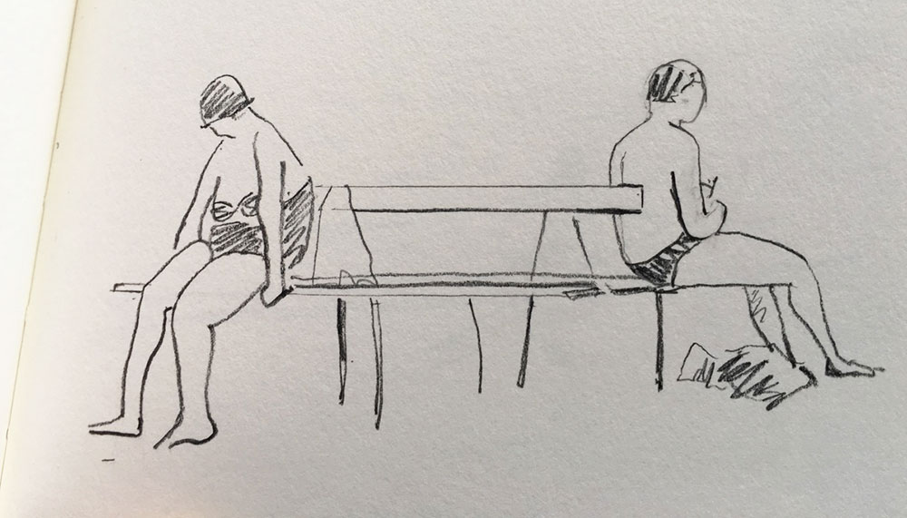 sketch of woman and man on beach bench