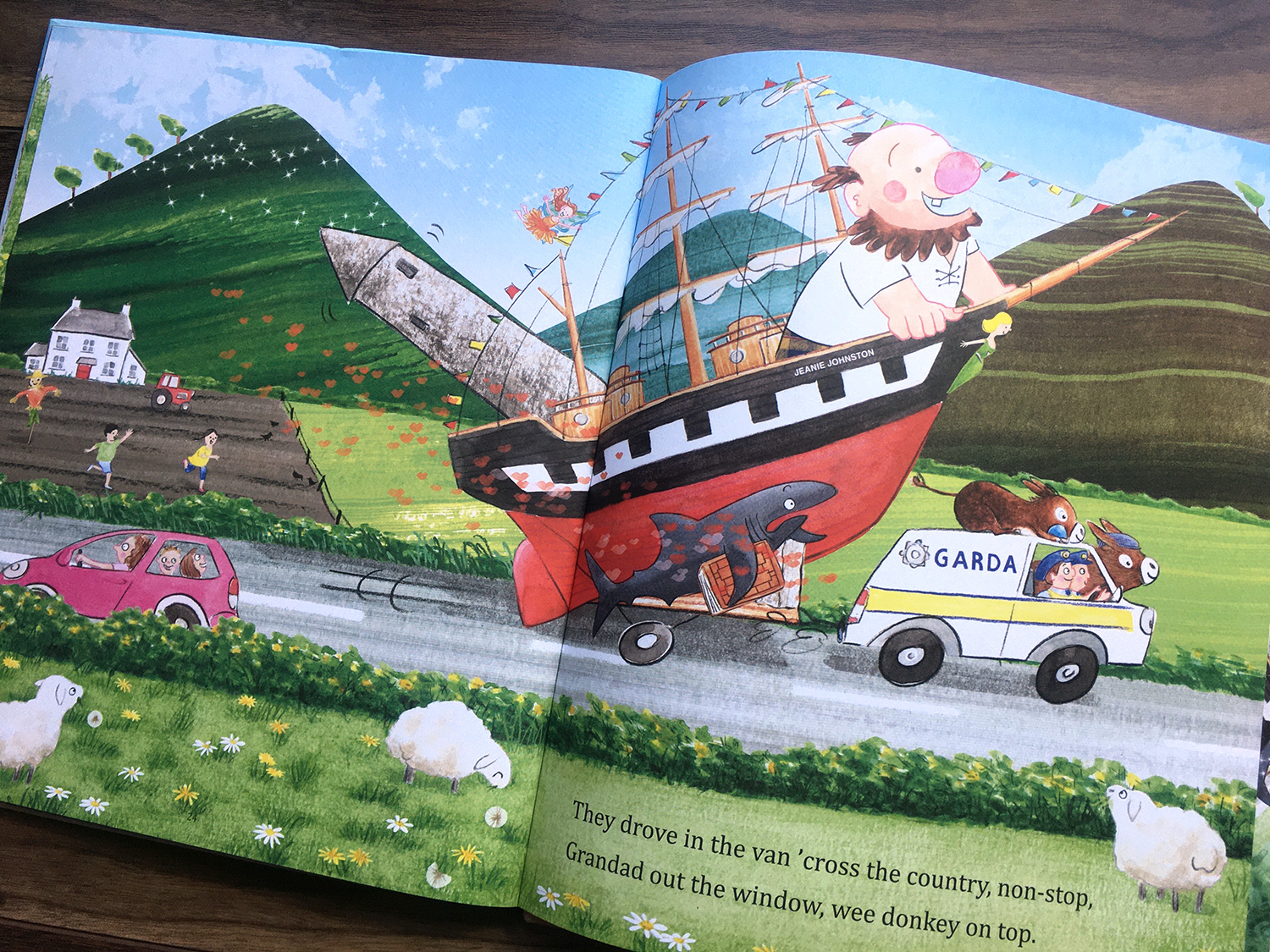 Wee Donkey's Treasure Hunt, the garda van pulls the ship and everything else across the country
