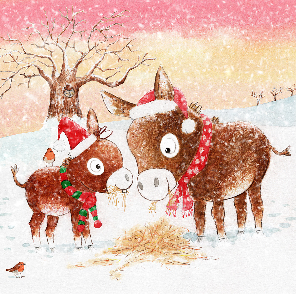 Wee Donkey's Treasure Hunt, wee donkey and grandad in the snow